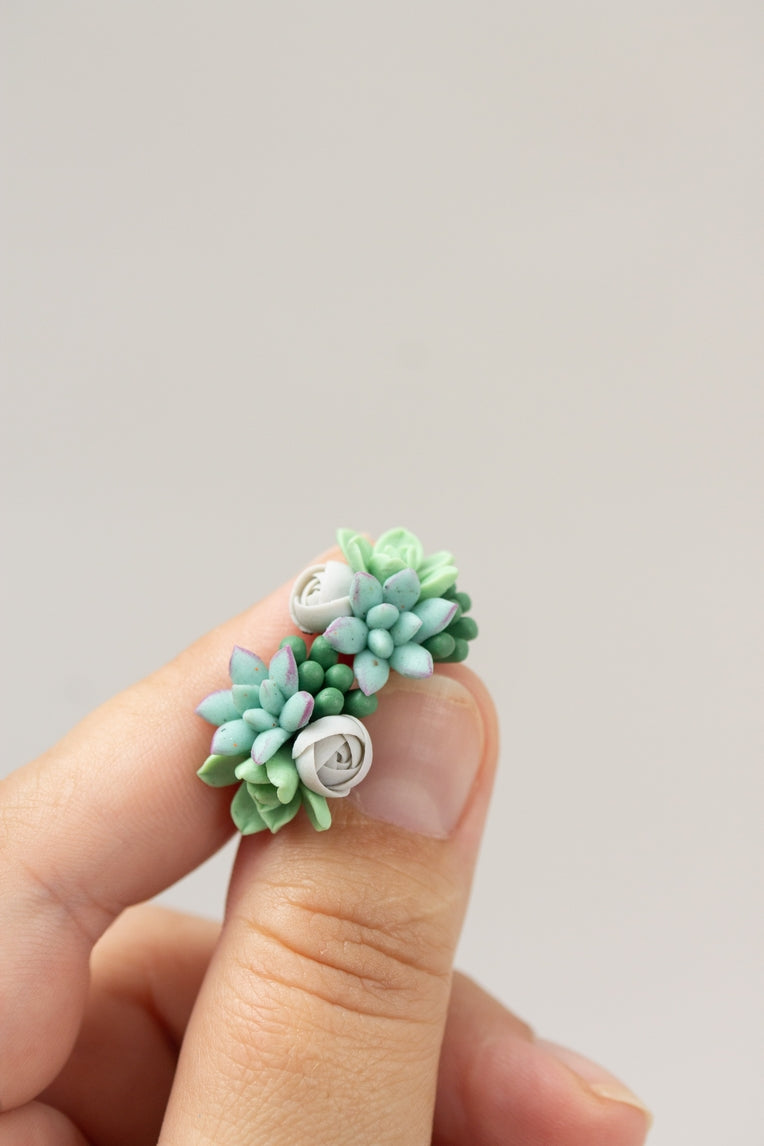 Handmade Succulent and Floral Bouquet Earrings - Blue