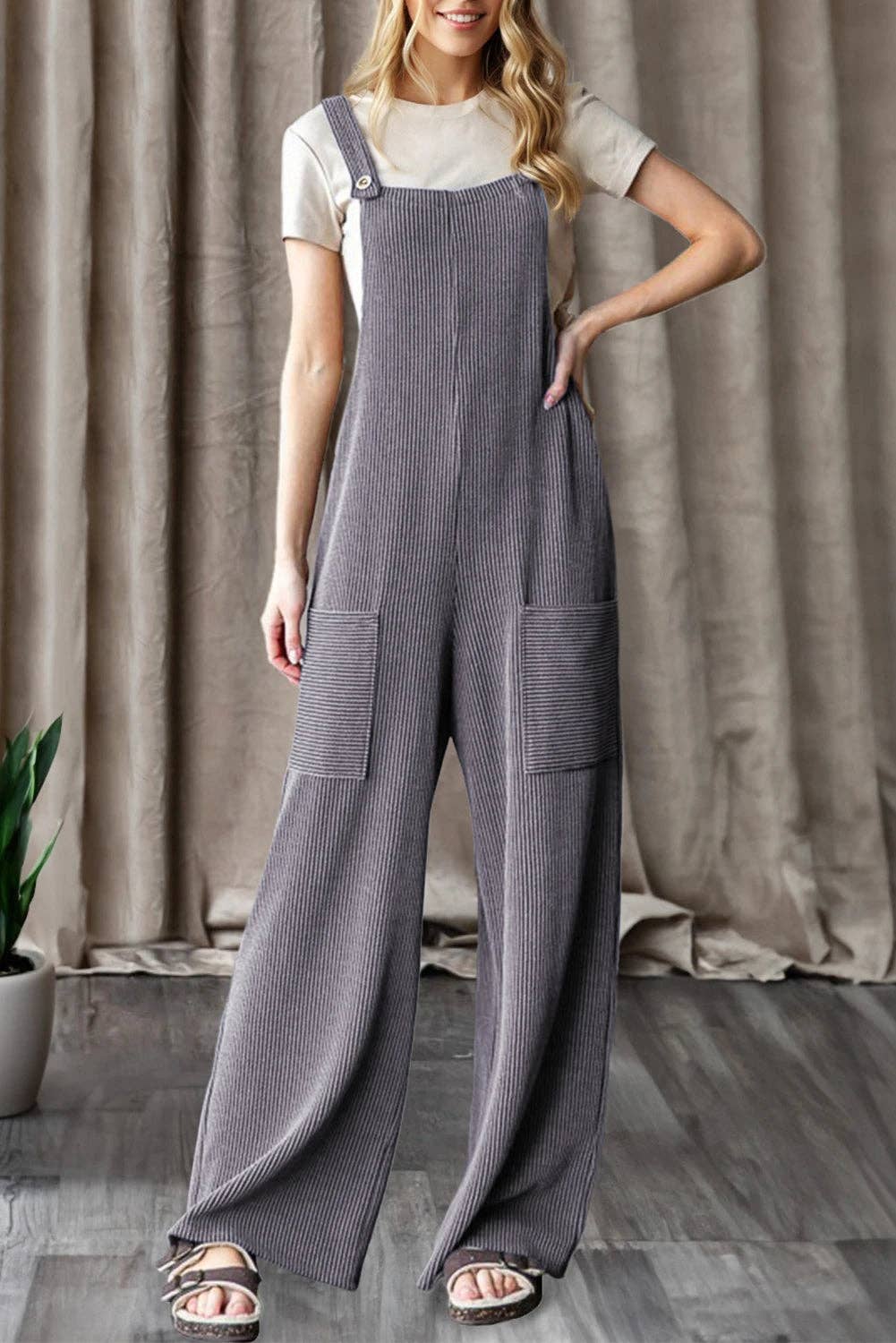 Parchment Ribbed Knit Patched Pocket Wide Leg Overalls