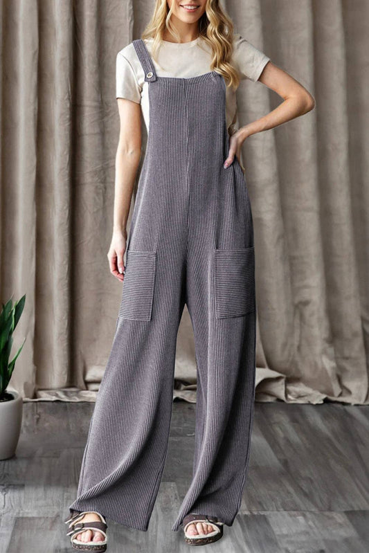 Parchment Ribbed Knit Patched Pocket Wide Leg Overalls