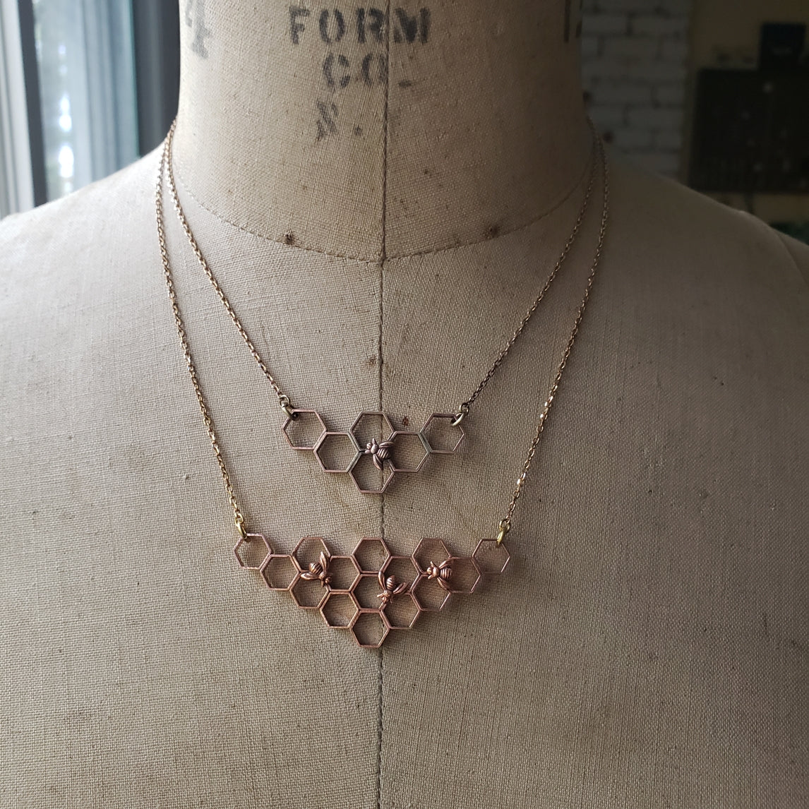 Copper Honeycomb Necklace with Honeybees