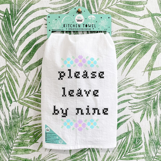 Please Leave By Nine Cross Stitch Style Tea Towel