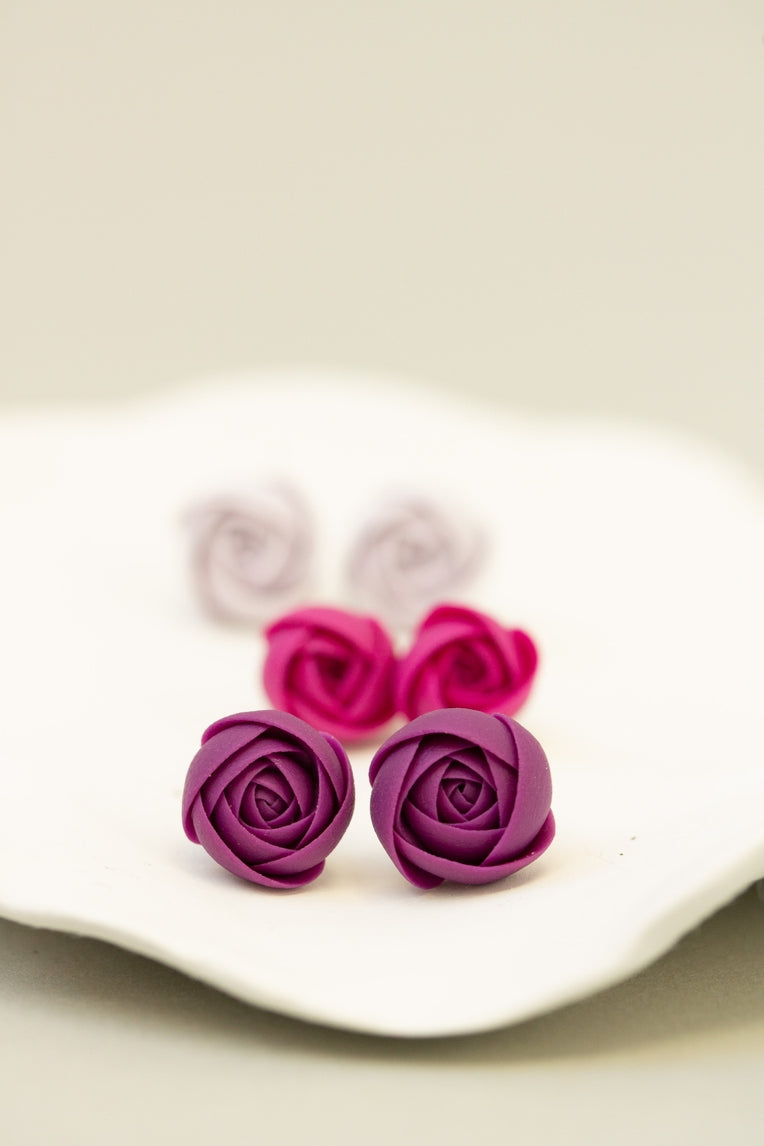 Set of 3 Ranunculus Rose Stud Earrings, Purple, Pink, White