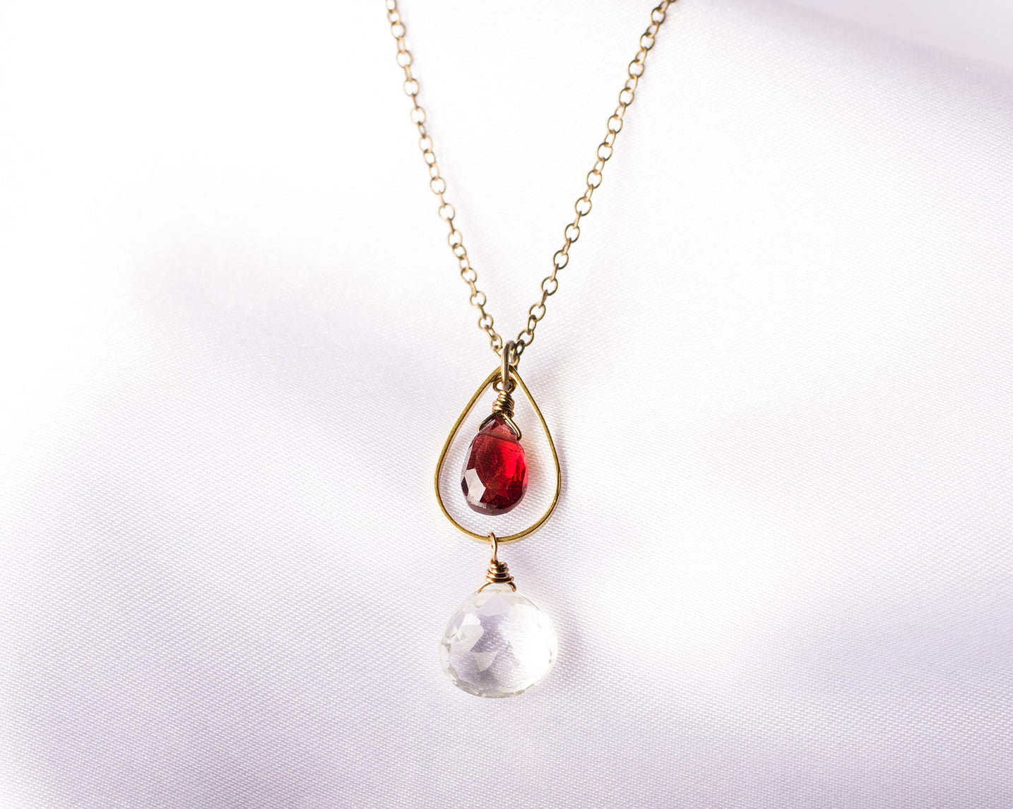 Clear Quartz & Garnet Vintage Inspired Teardrop Necklace