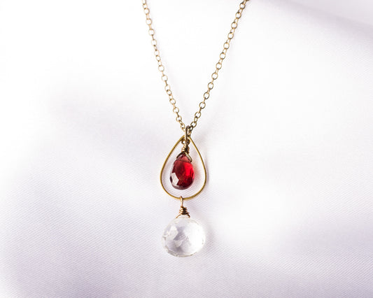 Clear Quartz & Garnet Vintage Inspired Teardrop Necklace