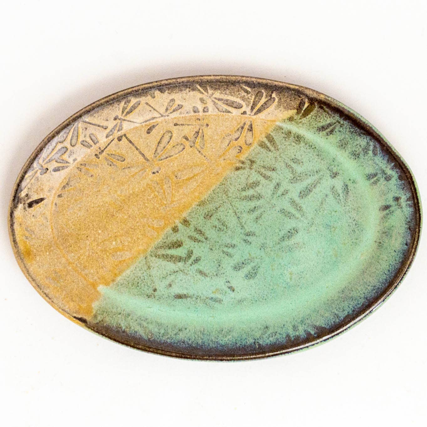 Green Dragonfly Pattern Handmade Ceramic Oval Trinket Dish