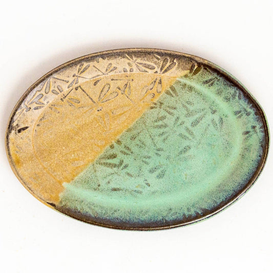 Green Dragonfly Pattern Handmade Ceramic Oval Trinket Dish