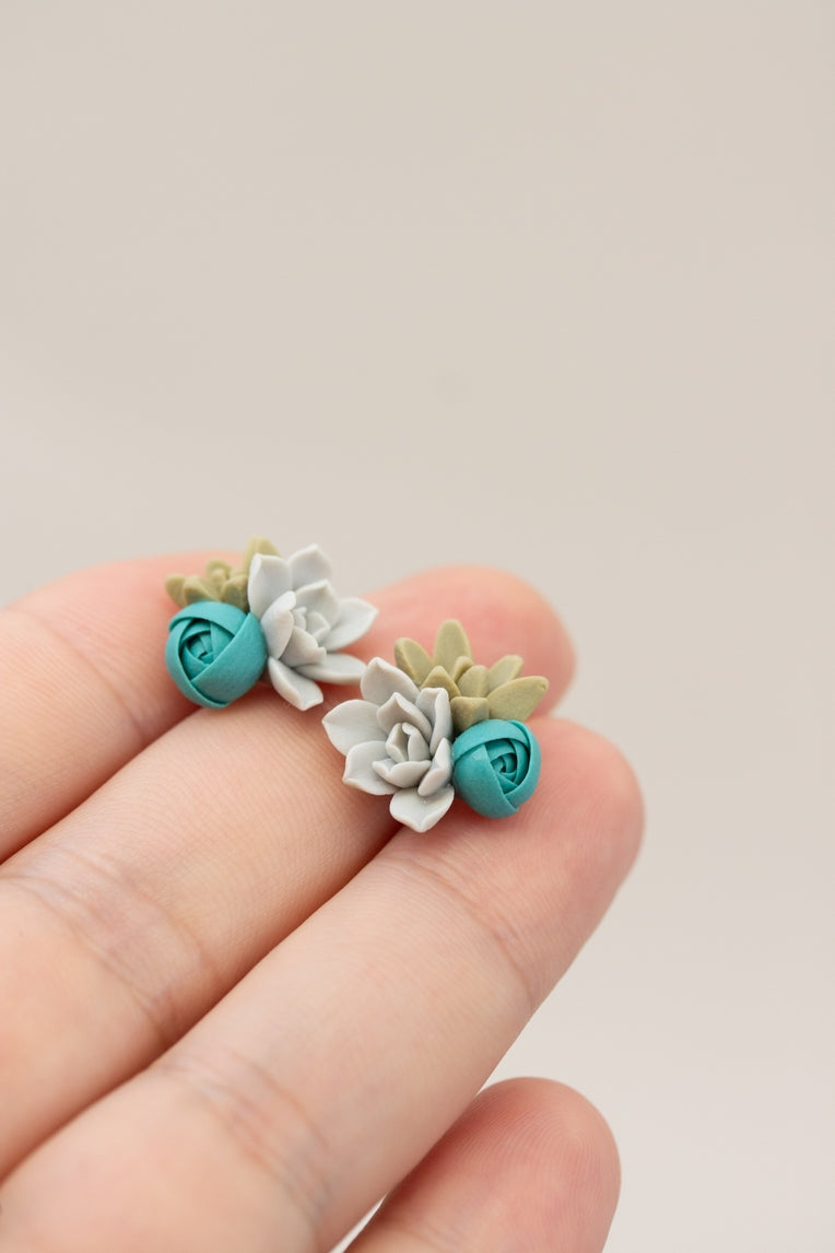 Handmade Succulent and Floral Bouquet Earrings - Blue