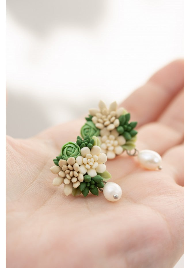 Beige and Green Succulent Stud Earrings with a Pearl