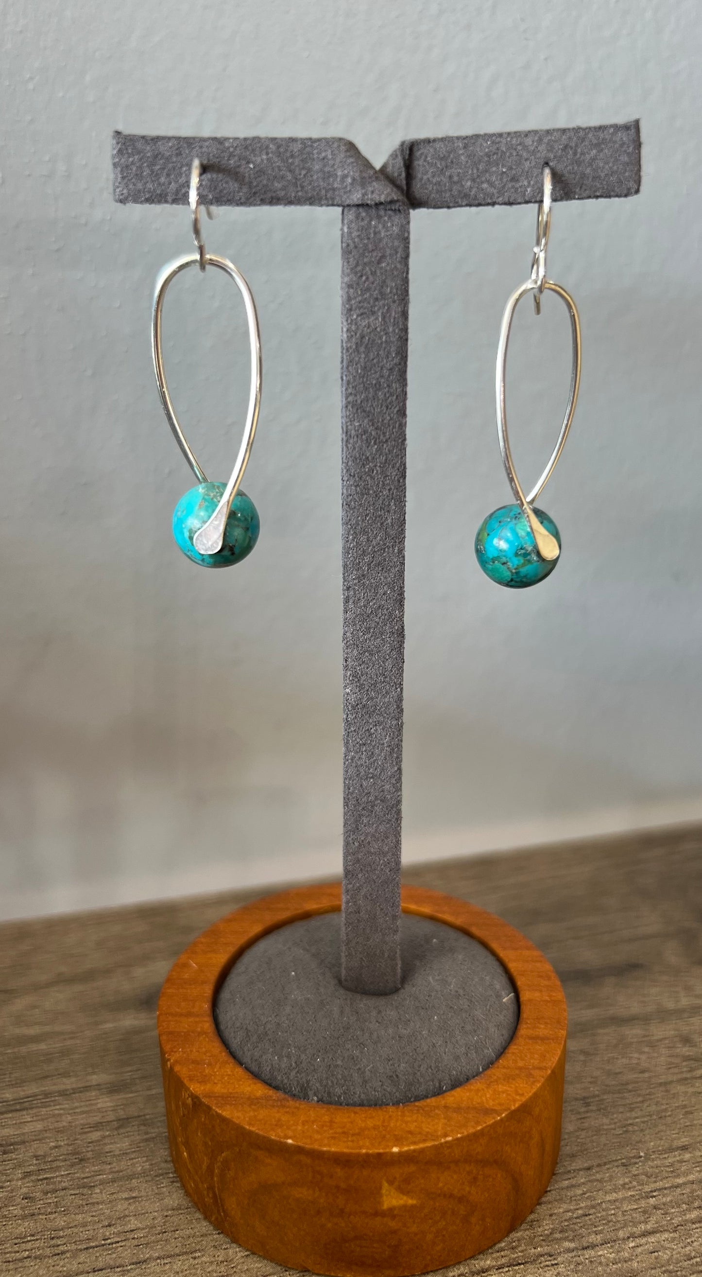 Thin Hoop with Turquoise Bead Wire Earrings