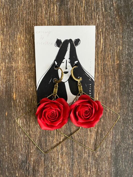 Ranunculus Rose Dangle Earrings - Red/Diamond/Brass