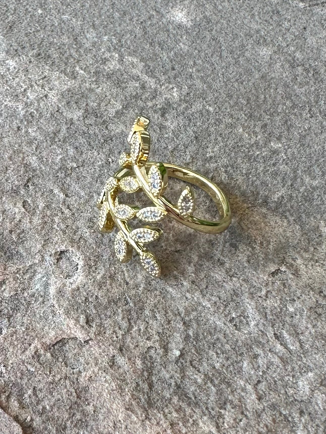 Leaf With CZ Pave Crystals Adjustable Ring