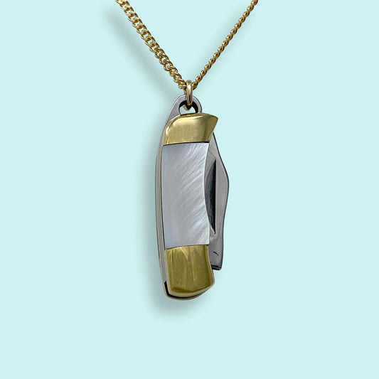 Tiny Mother of Pearl Handled Knife on Gold Chain