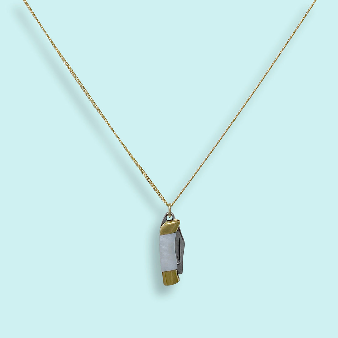 Tiny Mother of Pearl Handled Knife on Gold Chain