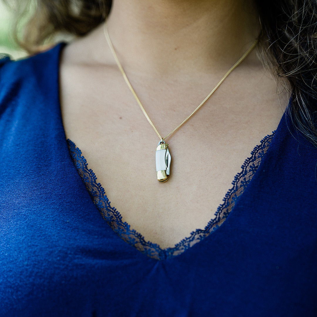 Tiny Mother of Pearl Handled Knife on Gold Chain