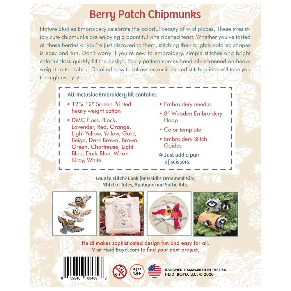 Nature Studies Embroidery Kit - Berry Patch Chipmunks