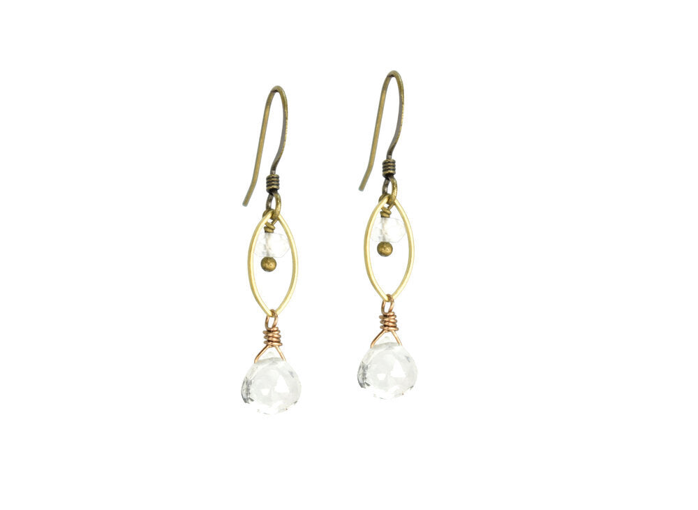 Dainty Clear Quartz Crystal Brass Marquis Earrings