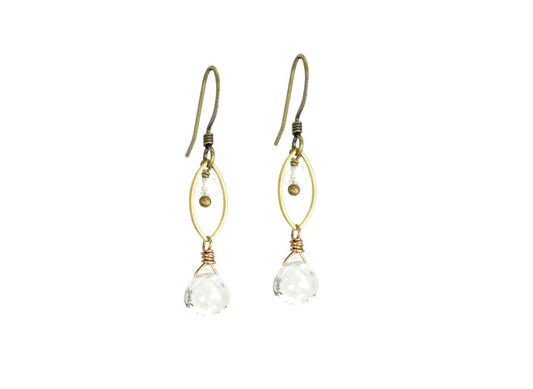 Dainty Clear Quartz Crystal Brass Marquis Earrings