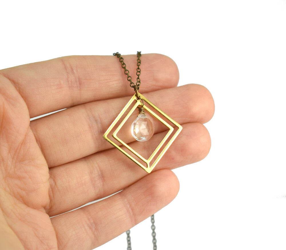 Clear Quartz Inside Double Golden Diamond Necklace