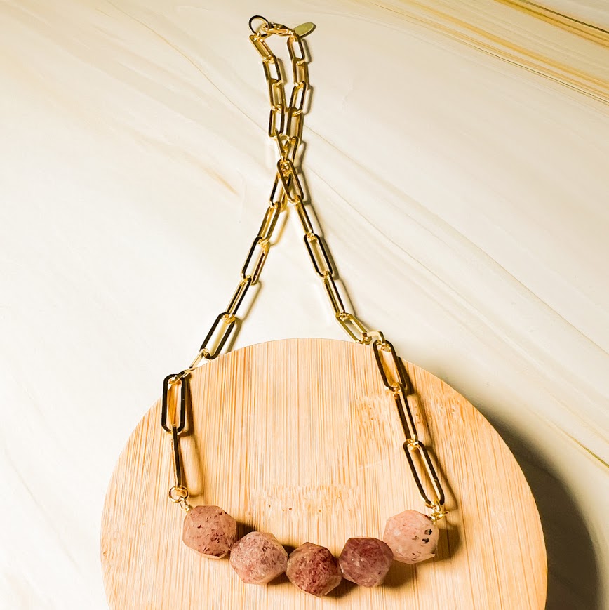 Abacus Necklace Paperclip Chain Strawberry Quartz