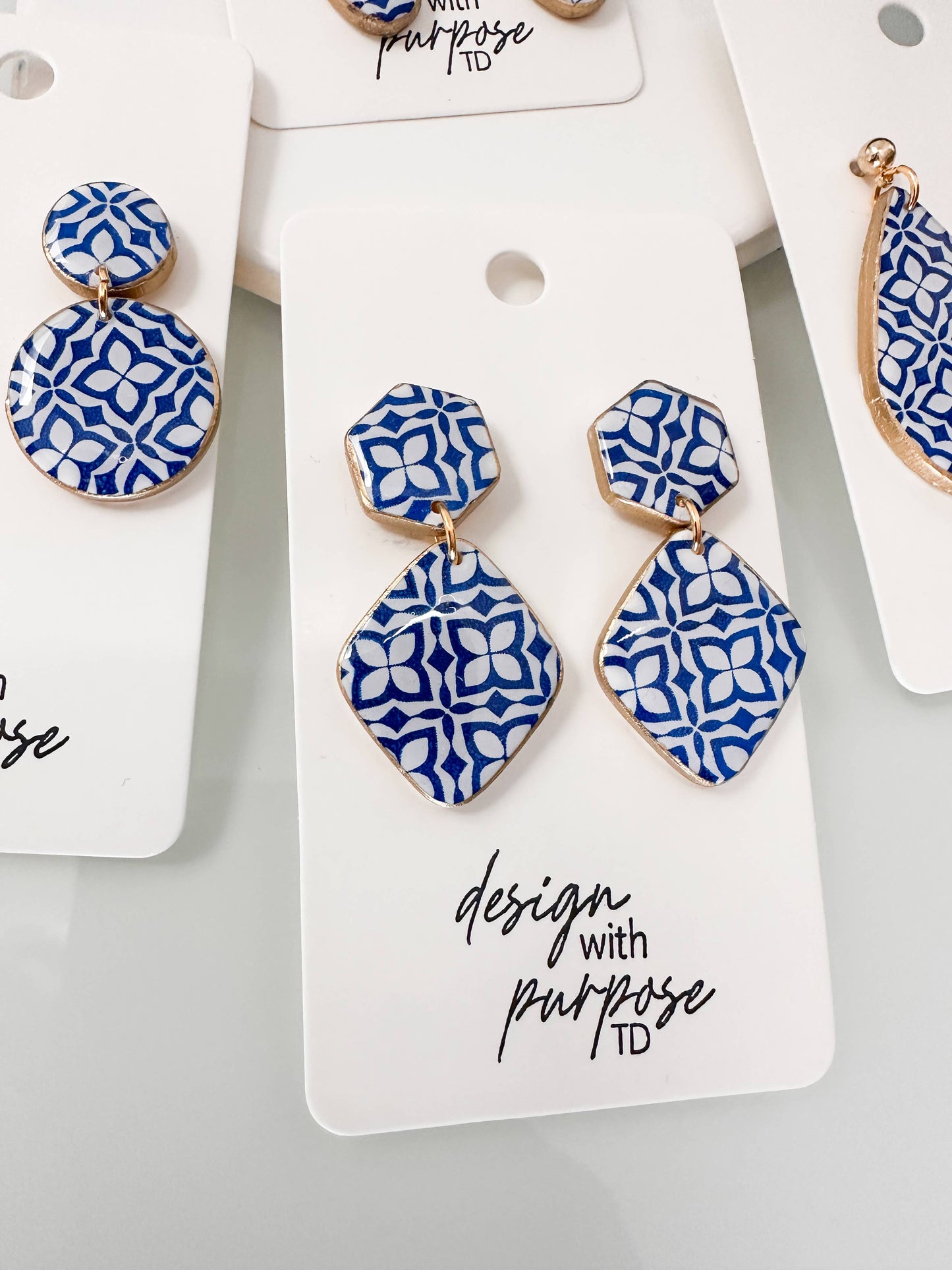 White and Blue Tile Pattern Earrings
