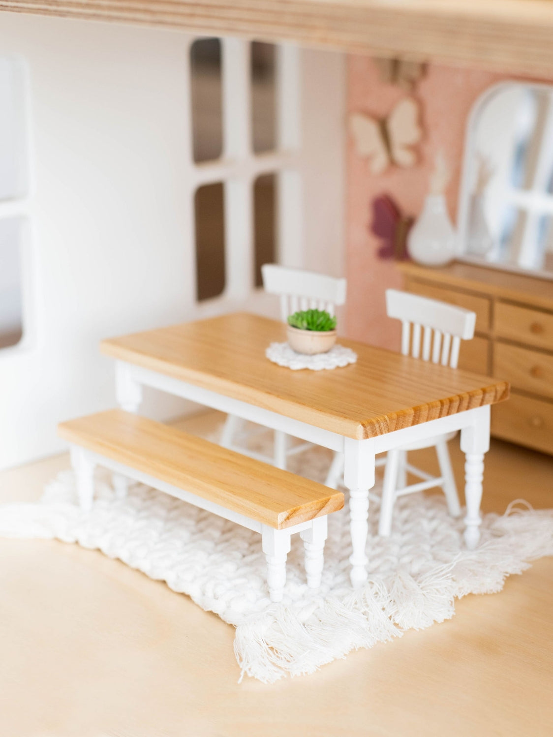 Dollhouse Farm Style Dining Table Natural Wood & White