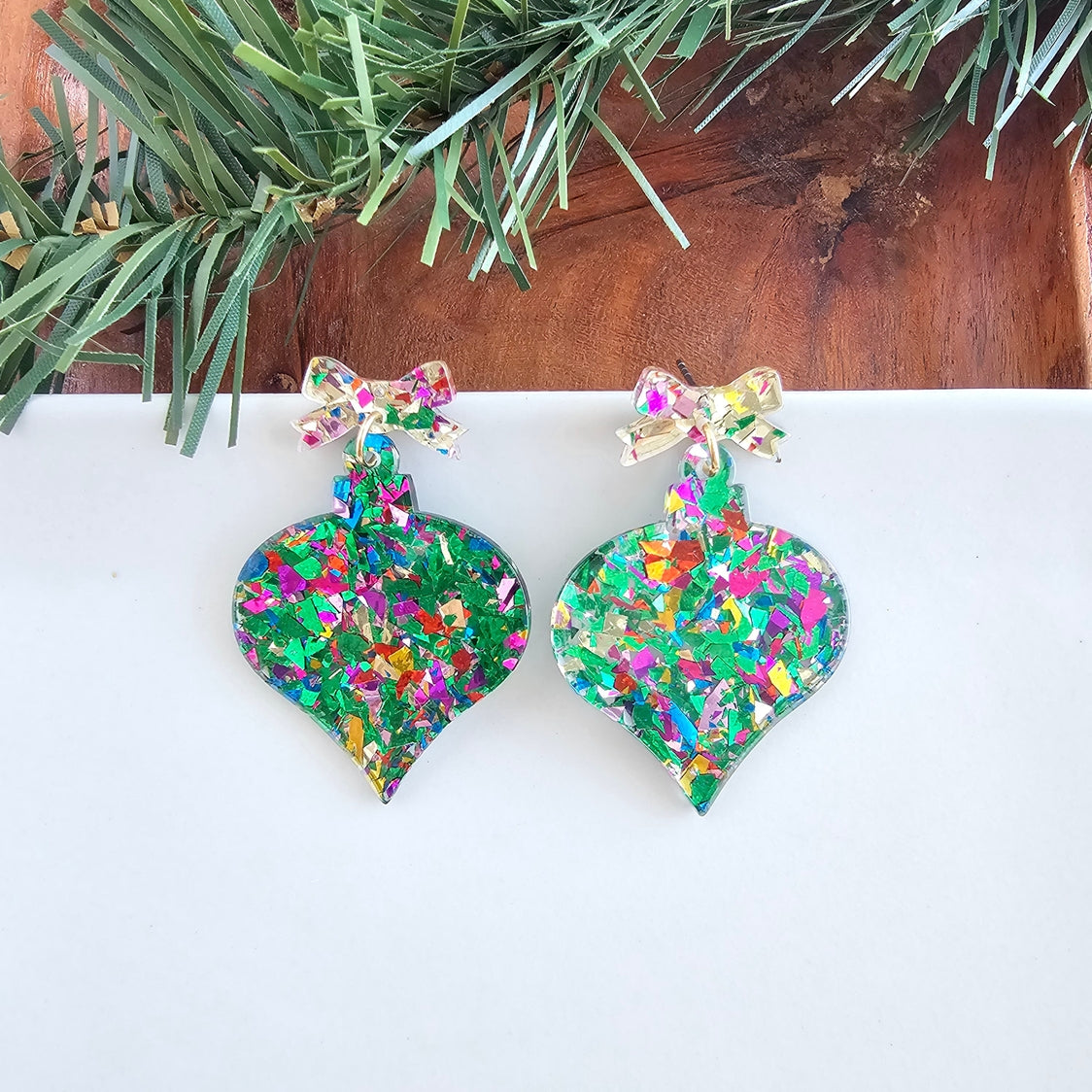 Christmas Ornament - Green Sparkle Earrings