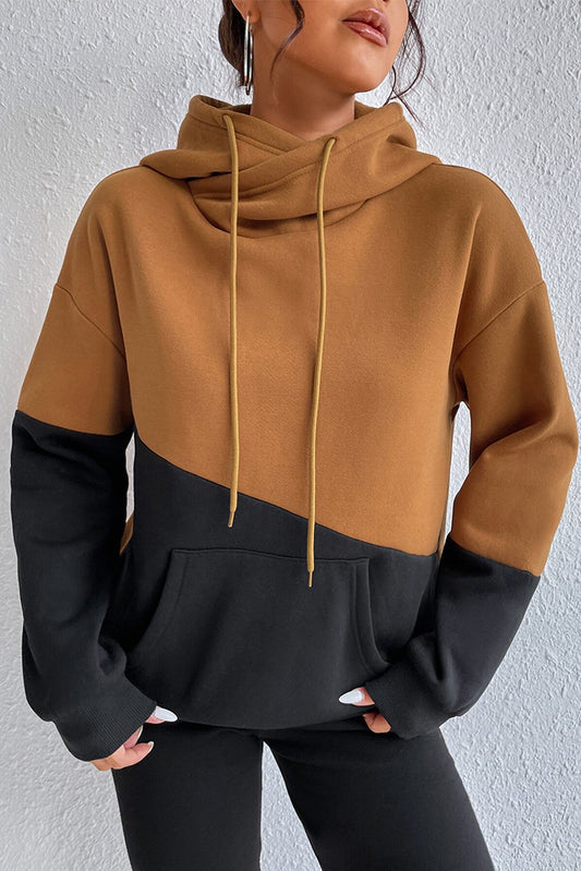 Brown Color Block Hooded Sweatshirt