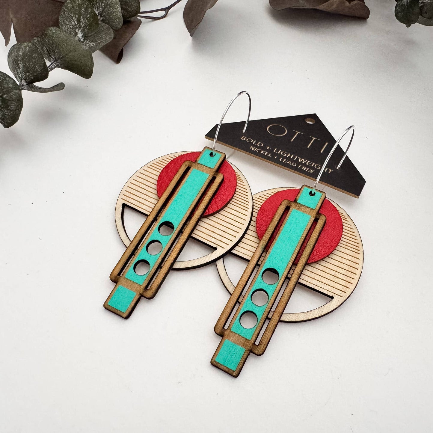 Architectural Lightweight Leather+Birch earring: Wright Red