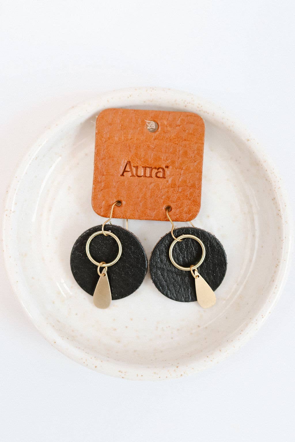 Leather & Brass Circle Drop Earrings