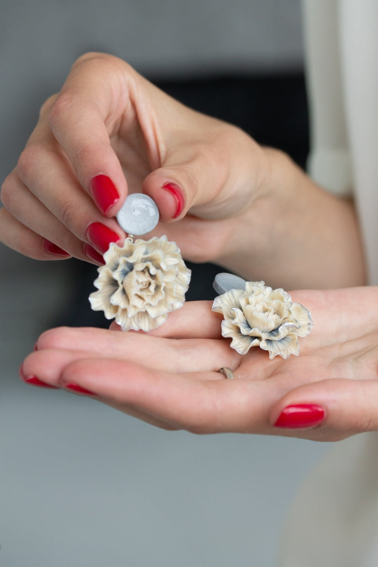 Beige and Gray Flower Statement Earrings