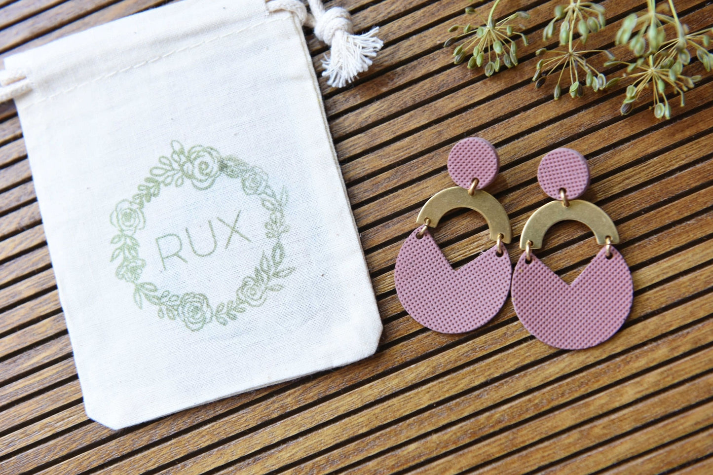 Mauve Leather & Brass Statement Earrings