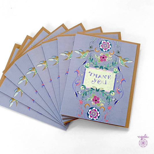 BOX of 8 Hummingbird Thank You cards blank floral thank you