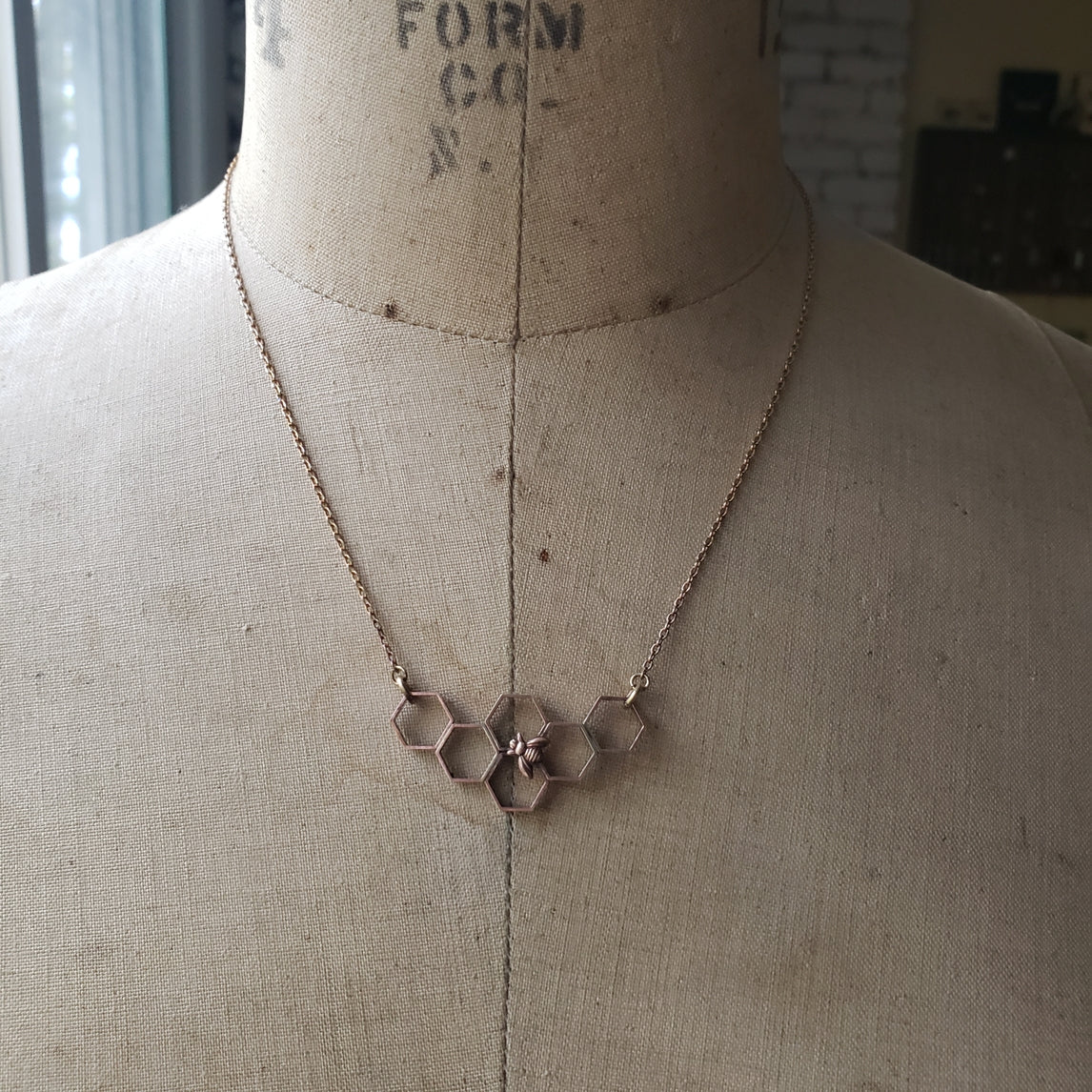 Copper Honeycomb Necklace with Honeybees