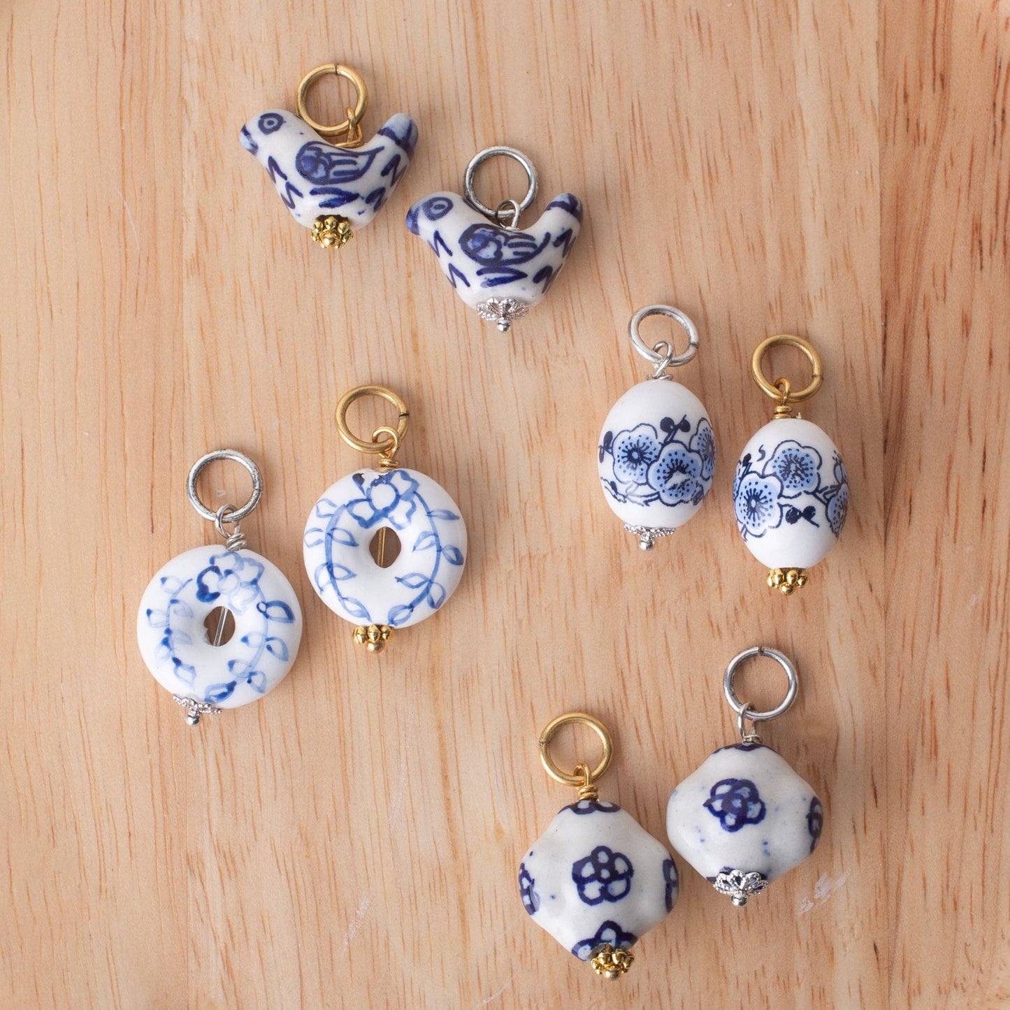 Chinoiserie Puffy Porcelain Toile Ceramic Bead Charms