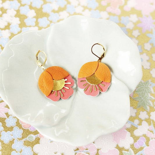 Cherry Flower Earrings – Orange, Gold, Salmon Pink Leather