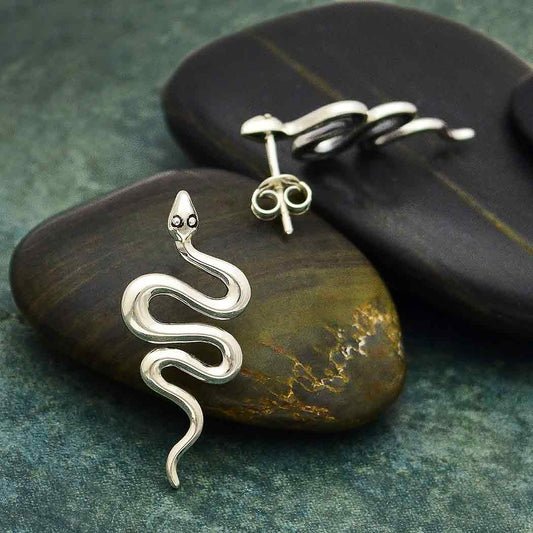Sterling Silver or Bronze Large Snake Post Earrings 28x12mm