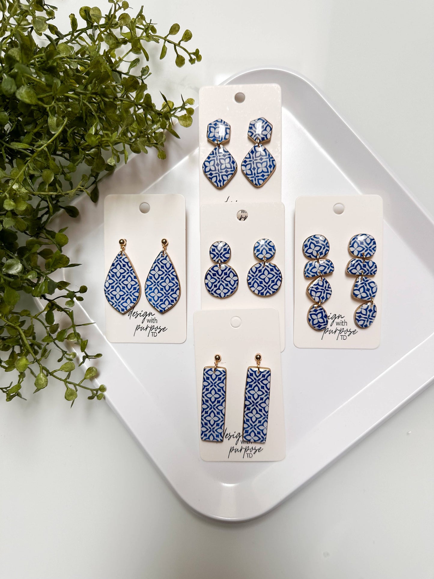 White and Blue Tile Pattern Earrings