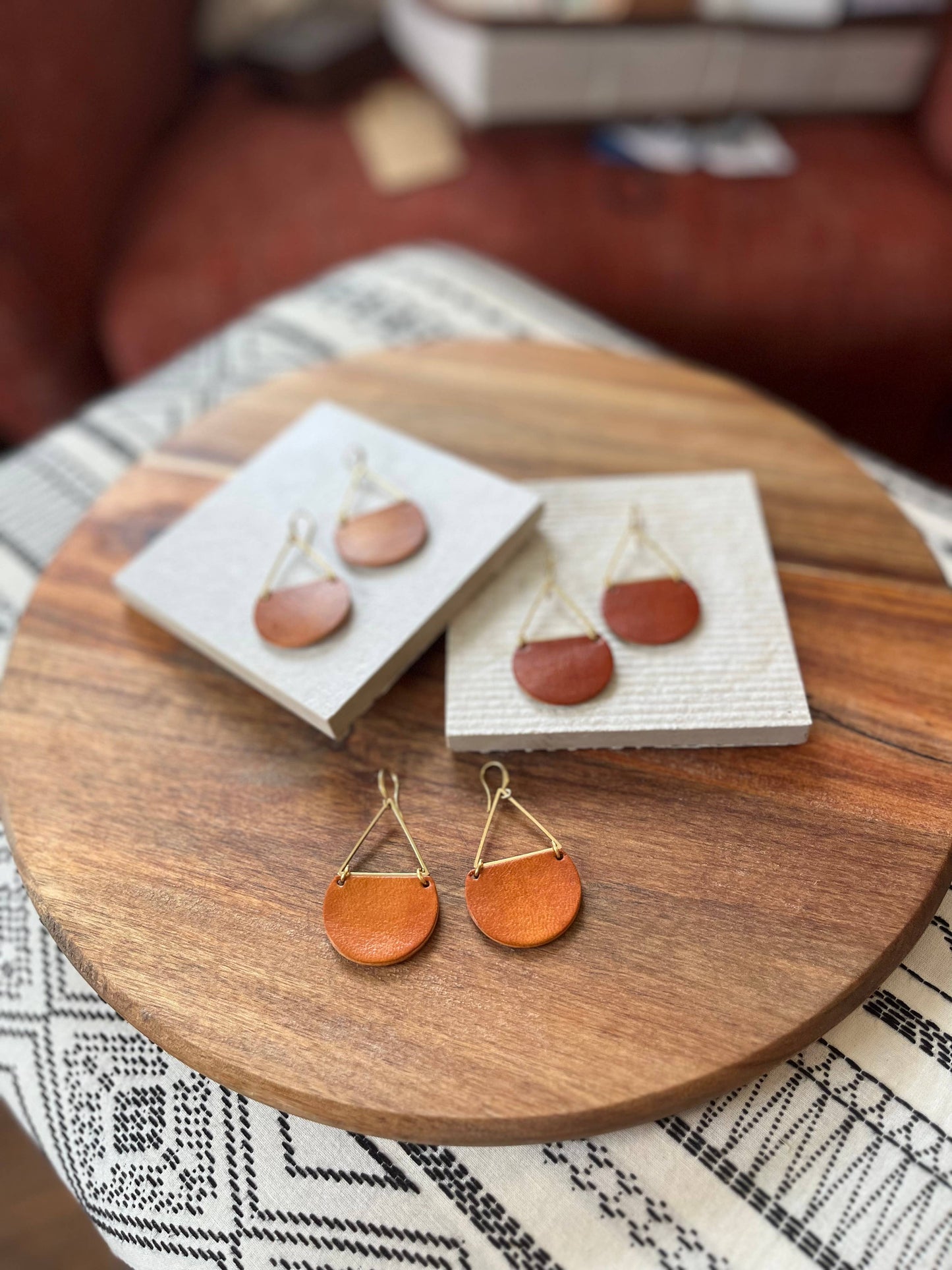 Hand Dyed Leather and Brass Triangle Earring