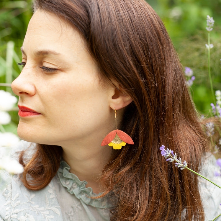 Ginkgo Flower Earrings – Terracotta and Yellow Leather