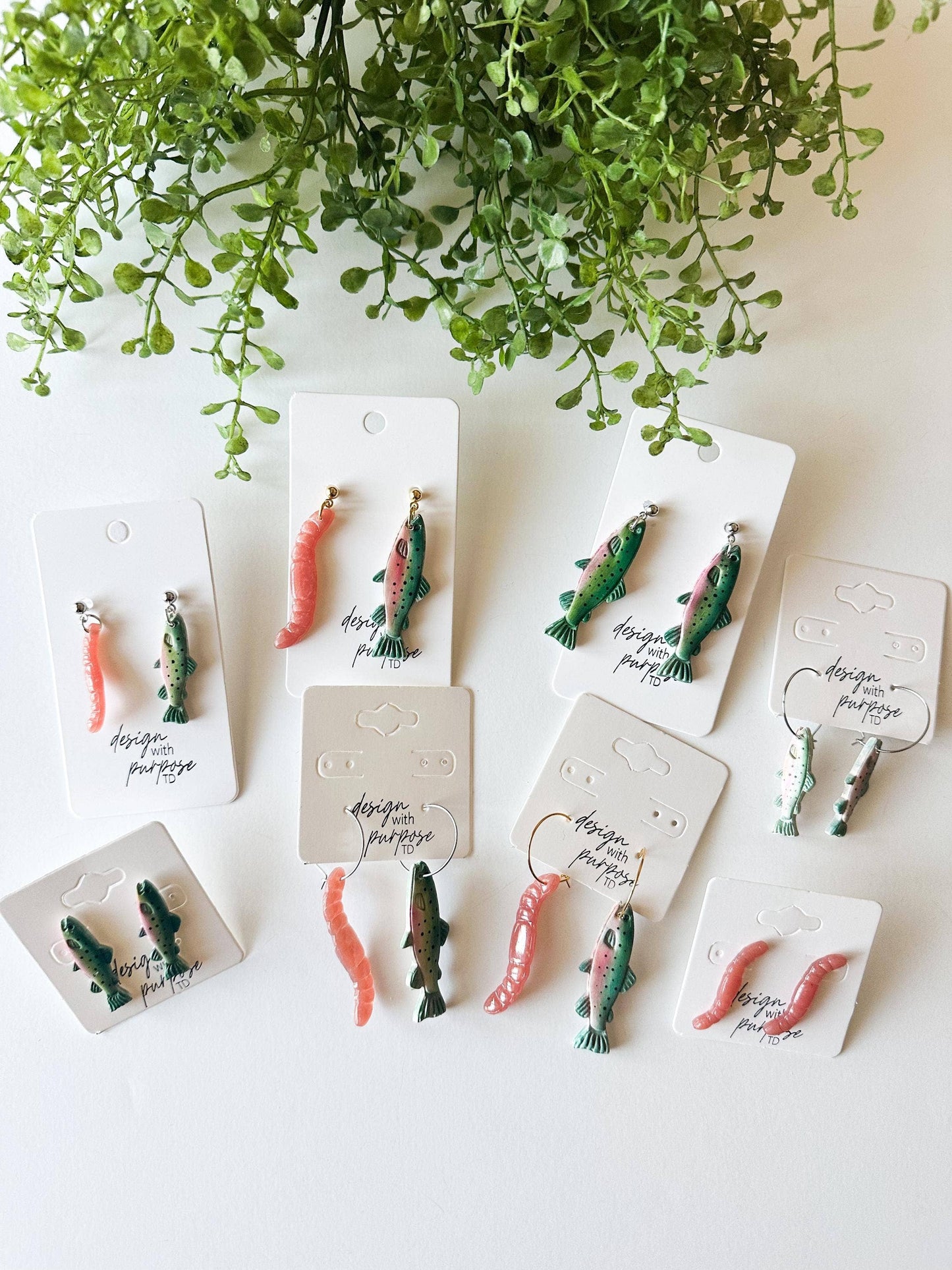 Rainbow Trout and Worm Clay Statement Earrings