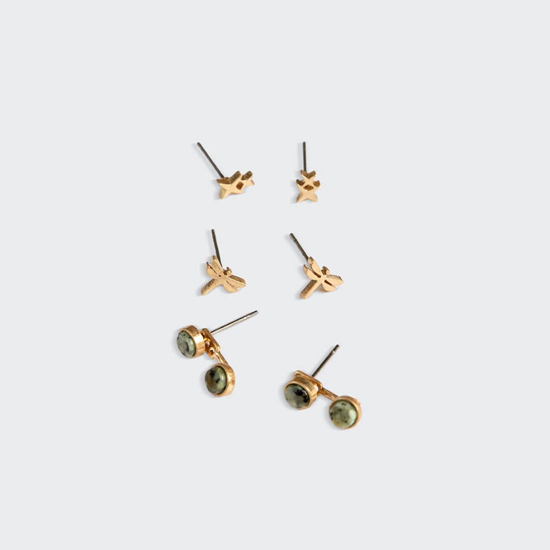 Stud Trio Ear Jacket Set - Dragonfly/African Turquoise/Gold