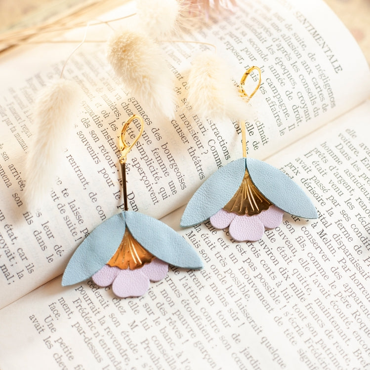 Ginkgo Flower Earrings – Blue Sky and Pale Pink Leather