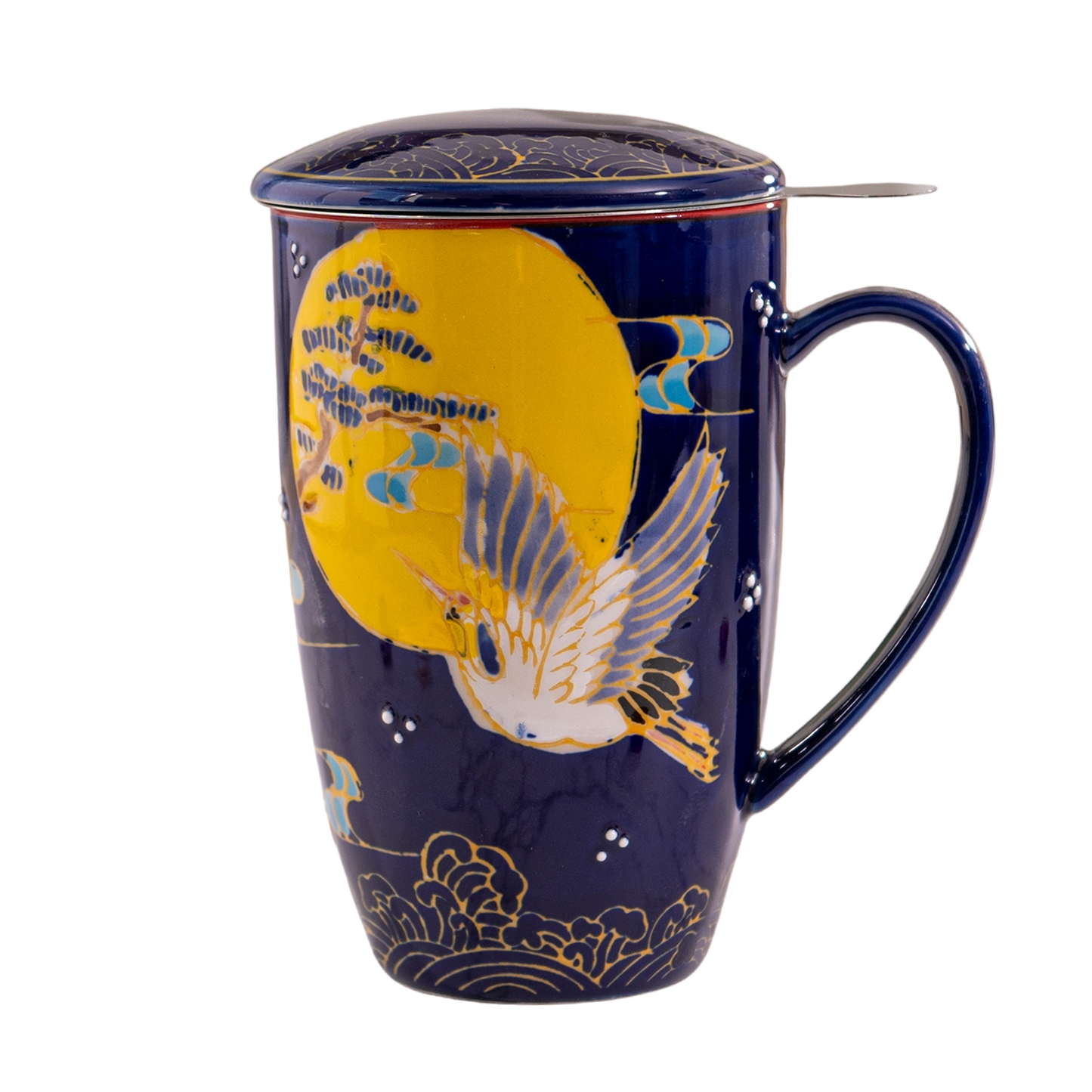 Japanese Crane Design 15oz Tea Mug With Lid and Infuser