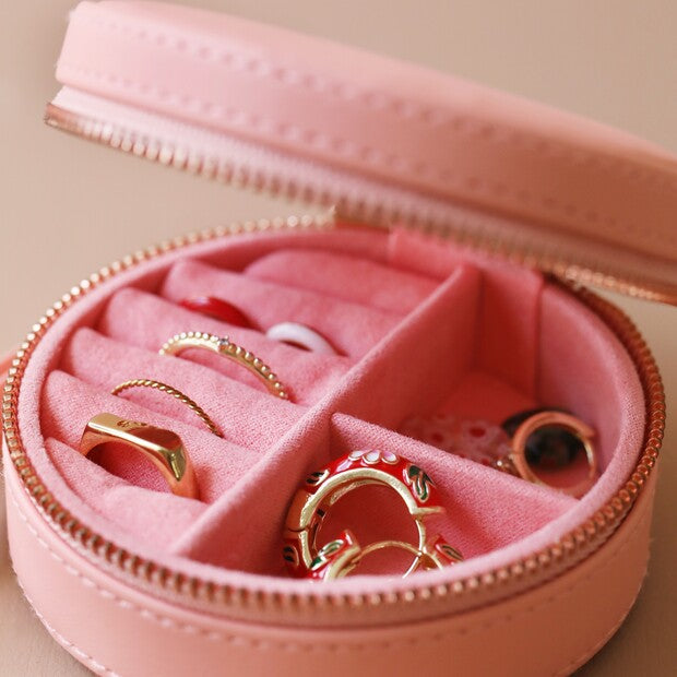 Peach Pink Round Travel Jewelry Case