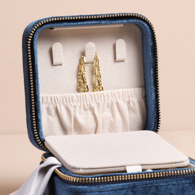 Navy Blue Velvet Square Travel Jewellery Case