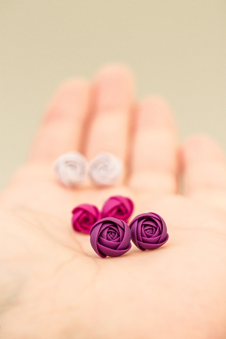 Set of 3 Ranunculus Rose Stud Earrings, Purple, Pink, White