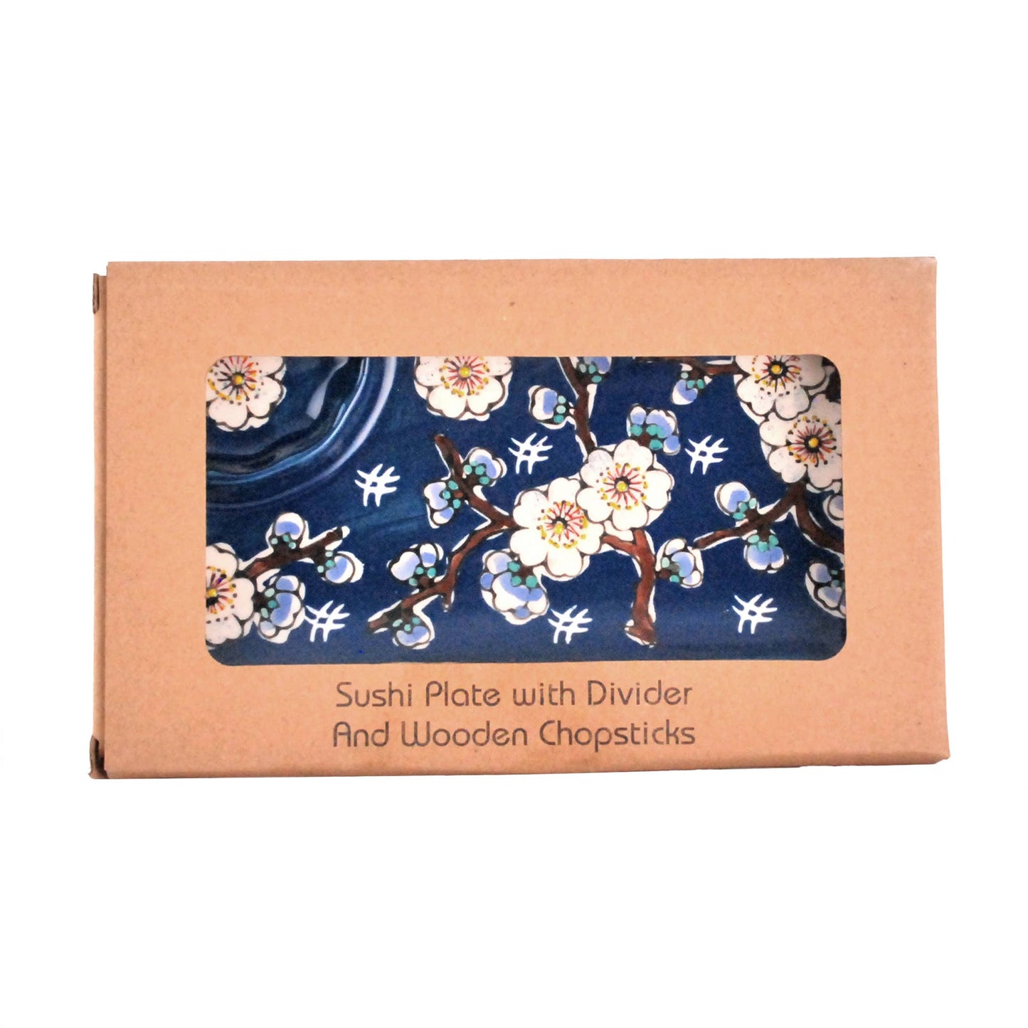 MIRA DIVIDED PLATE WITH CHOPS – NAVY WITH WHITE PLUM BLOSSOM