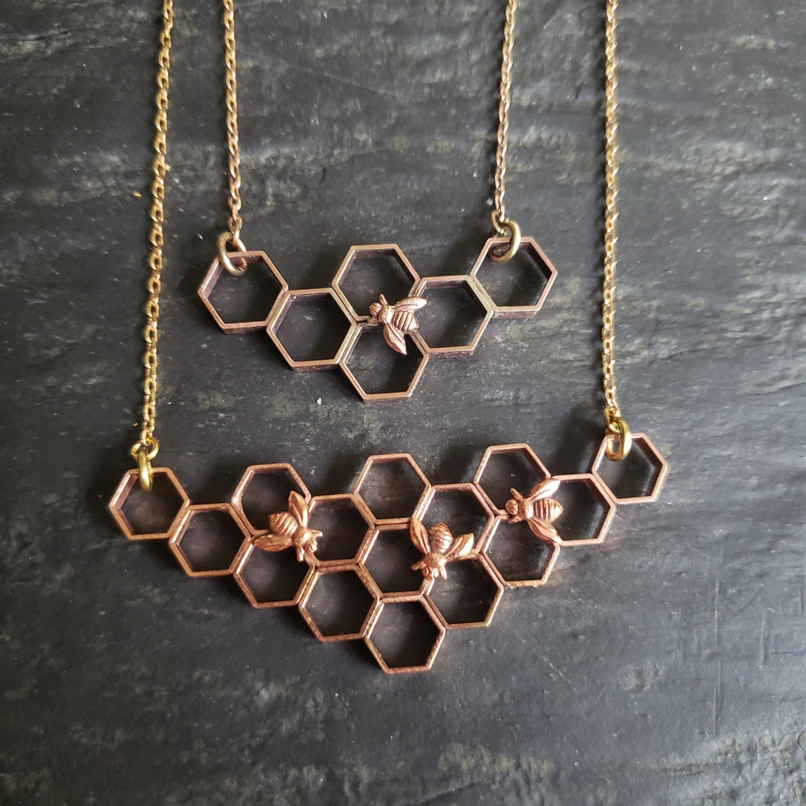 Copper Honeycomb Necklace with Honeybees