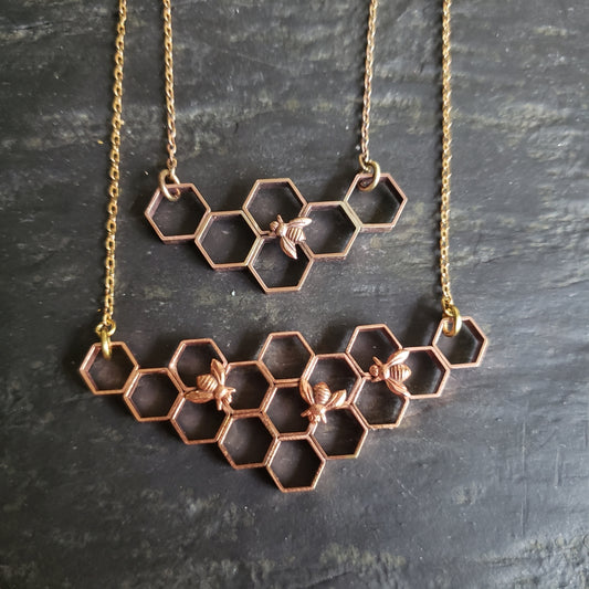 Copper Honeycomb Necklace with Honeybees