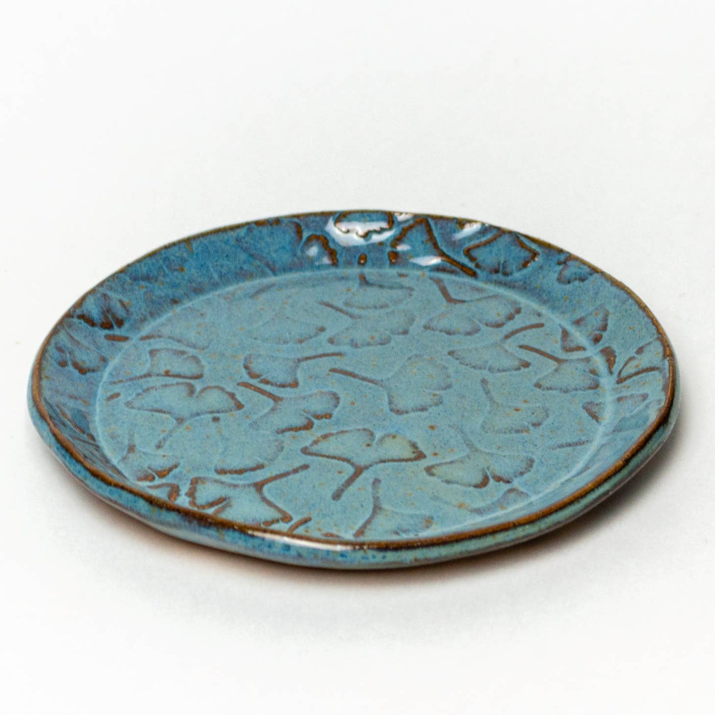 Ginkgo Patterned Blue Ceramic Dish 5 1/2"